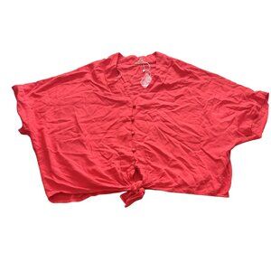 Sim & Sam cropped shirt short sleeve Large dusty red v neck button front tie top